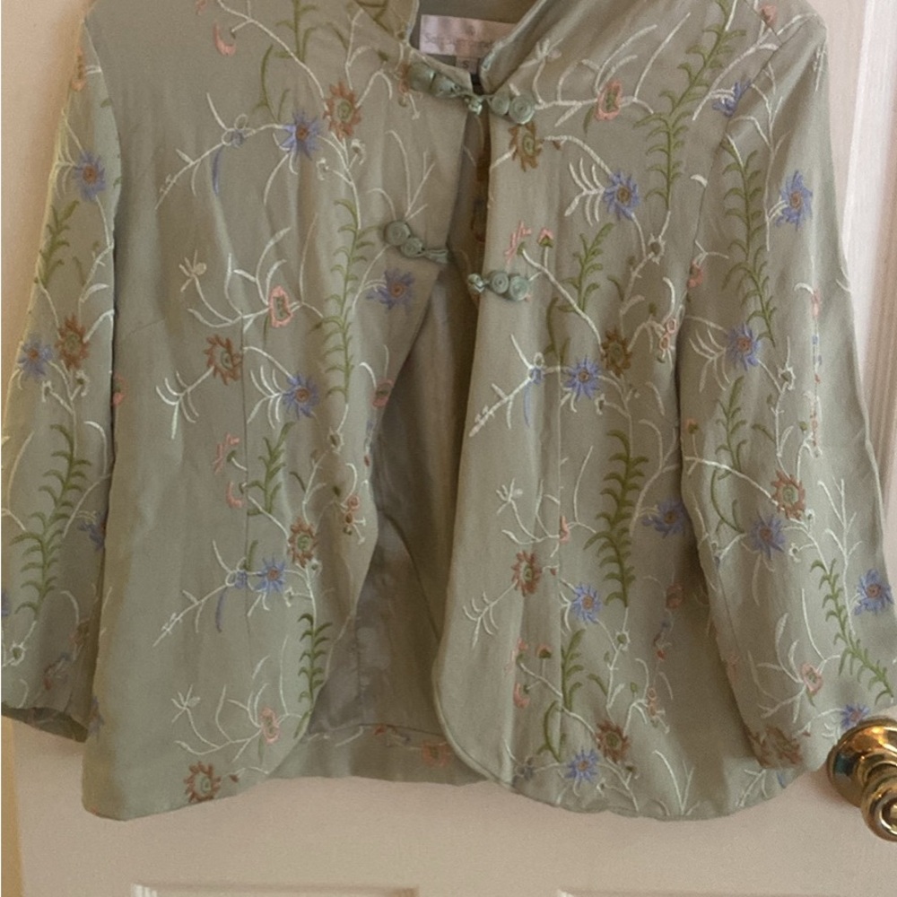 Soft Surroundings Green and Blue Blazer with Floral Embroidery
